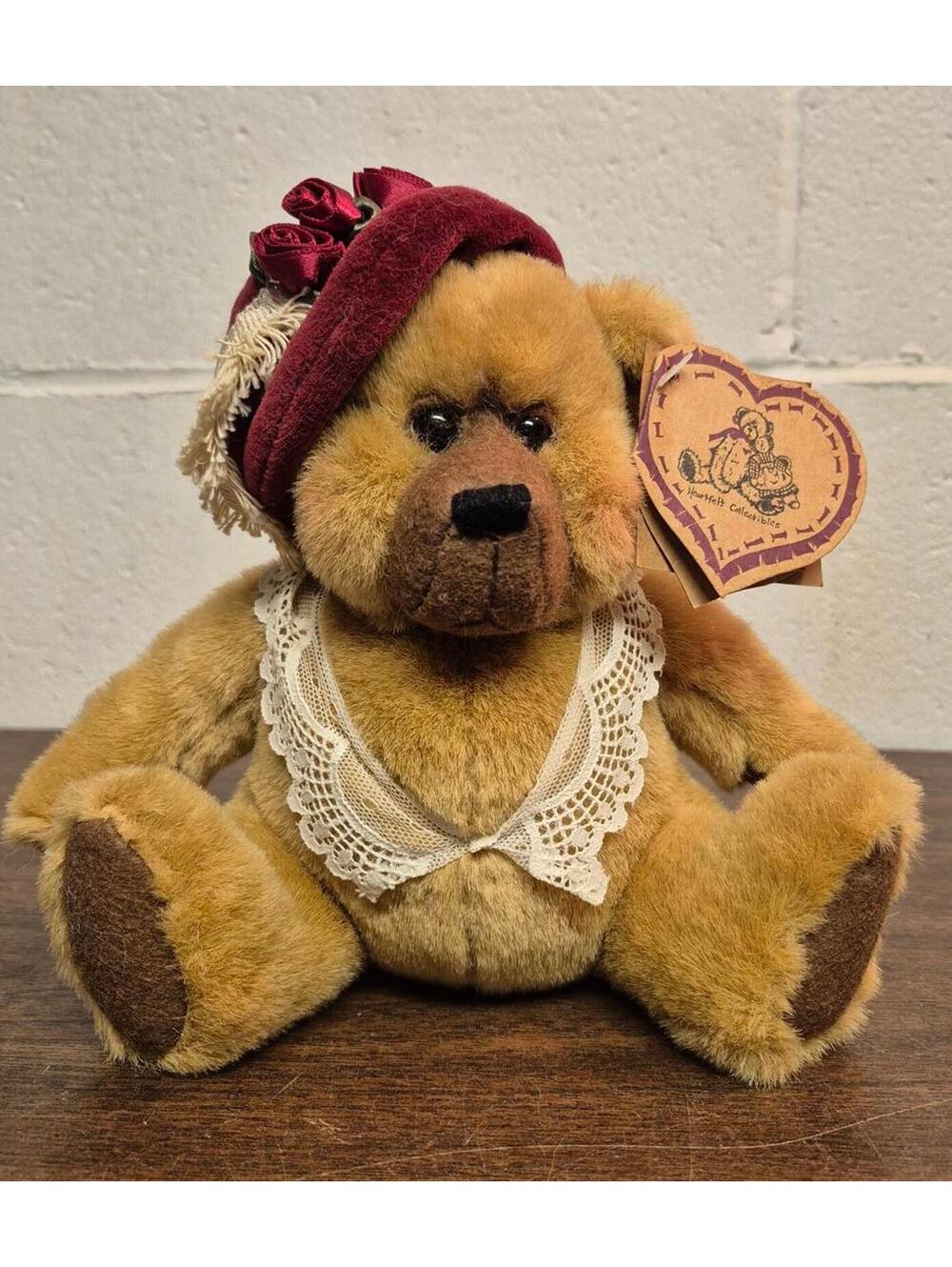 Heartfelt Collectibles Vintage Teddy Bear with Burgundy Hat and Lace Collar